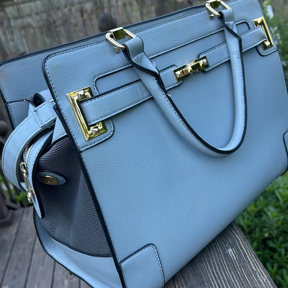 Dog Carrier in PU LEATHER light blue crossbody/tote